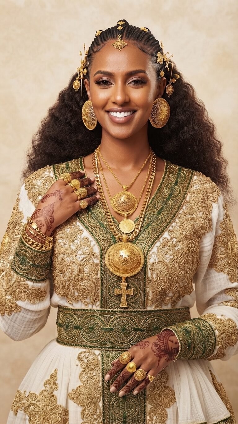 Traditional Habesha dress with gold jewellery